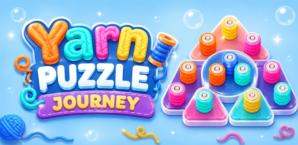 Yarn Puzzle Journey title screen with colorful knitted yarn letters and puzzle board